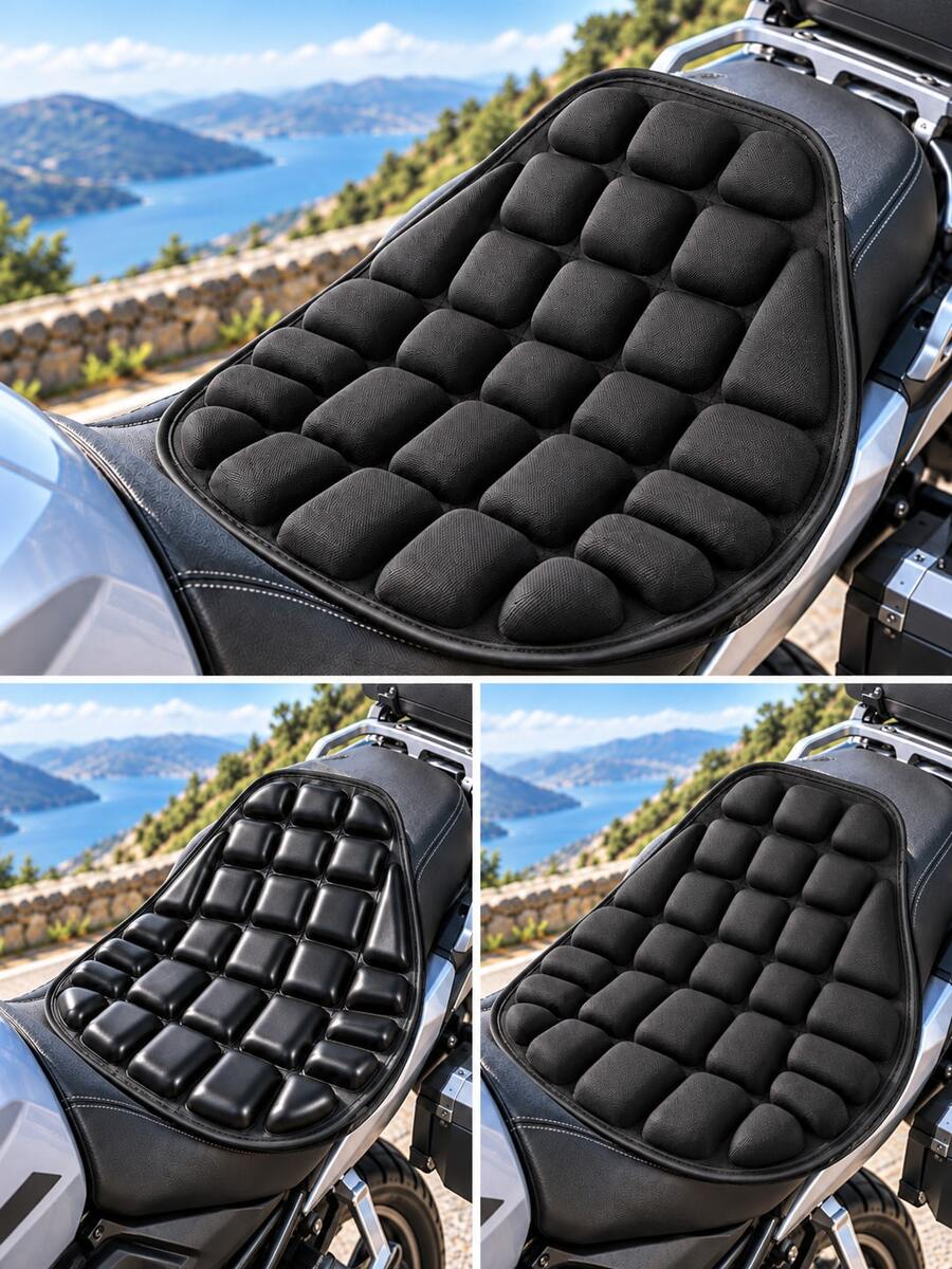 Motorcycle Seat Cushion, Universal 3D Breathable Shock-Absorbing Motorcycle Seat Cover, Anti-Slip Pressure Relief Adjustable Strap, 1pc Black EVA Foam Or PU Leather Textured Seat Pad, Suitable For Long-Distance Riding, Cruiser Motorcycles And Scooters