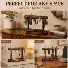 1pc Solid Wood Key Holder Stand With 5 Gold Hooks & Storage Tray, Desktop Entryway Key Organizer Rack For Keys, Glasses, Small Accessories, Home Decor - Walnut 5-hook Key Rack - View 7