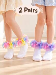 2 Pasang/1 Pasang Kaos Kaki Bayi Perempuan Katun dengan Hiasan Renda 3D Bergelombang Besar, Kaos Kaki Dansa Putri - MultiWarna - View 18