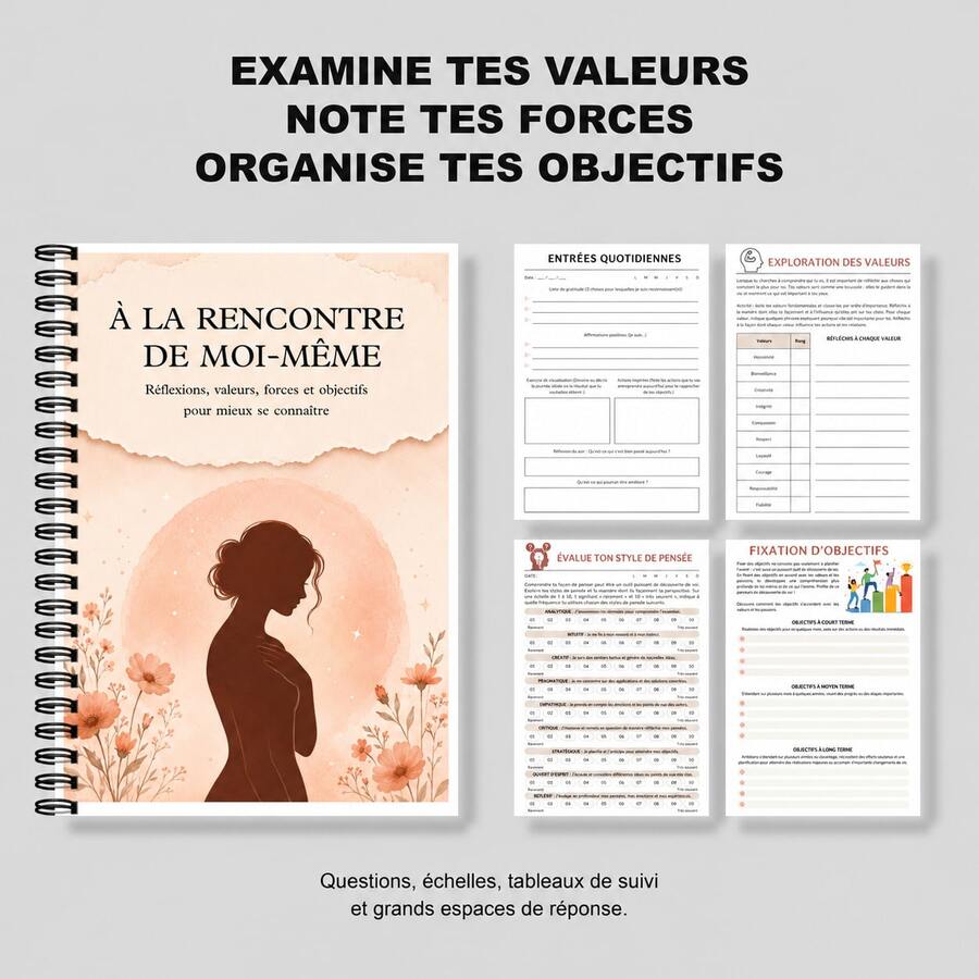 French Self Discovery Journal For Women, Spiral Bound Notebook With Guided Prompts, Values And Strengths Activities, Gratitude, Goals And Habit Tracker - A5 - View 1