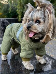 1pc Green Winter Dog Cotton Jumpsuit, Thick Warm Four-Legged Pet Coat With Built-In Traction Strap, Windproof Cold Resistant Puppy Outfit, Soft Wear-Resistant Pet Apparel, Full Coverage, Easy To Wear, For 0-10°C Cold Weather, Small & Medium Pet Dogs - Army Green - View 2
