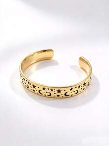 1pc Casual Sweet Cool Ins Style Personalized Stainless Steel Gold-Plated Etched Star & Moon Pattern Open Bangle Bracelet For Men Couples Holiday Party Wear - Stars and Moon - View 9