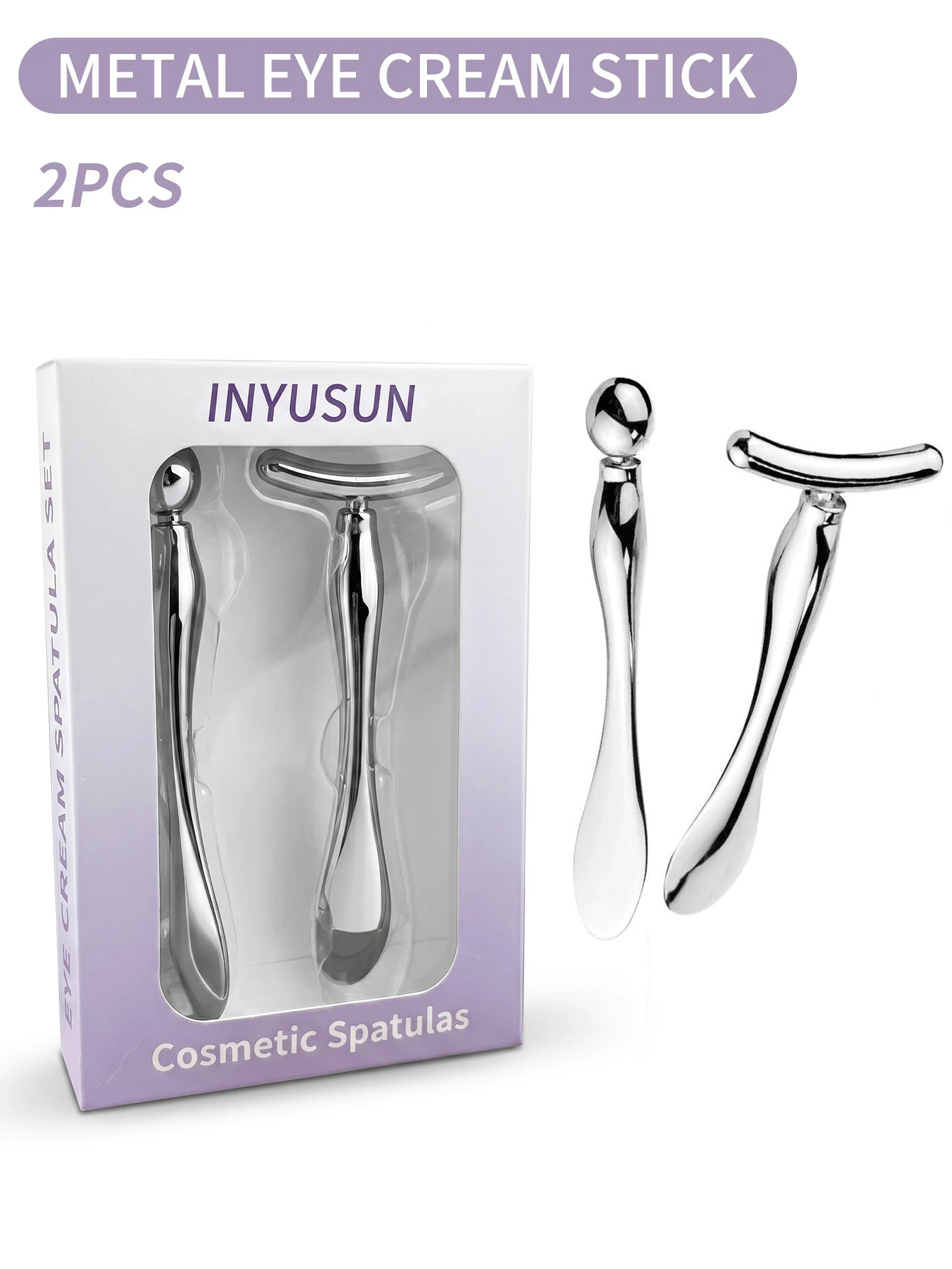 INYUSUN 2pcs Large Dual Use Skincare Applicator Set, T-Shaped Eye Massage Wand & Round Face Cream Scoop, Portable Metal Beauty Spatula, Facial Skincare Tool, Gift Box For Present