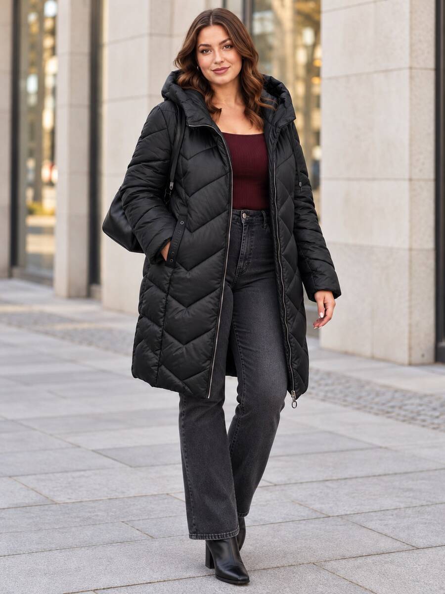 Plus Size Hooded Quilted Longline Padded Coat - Black - View 1