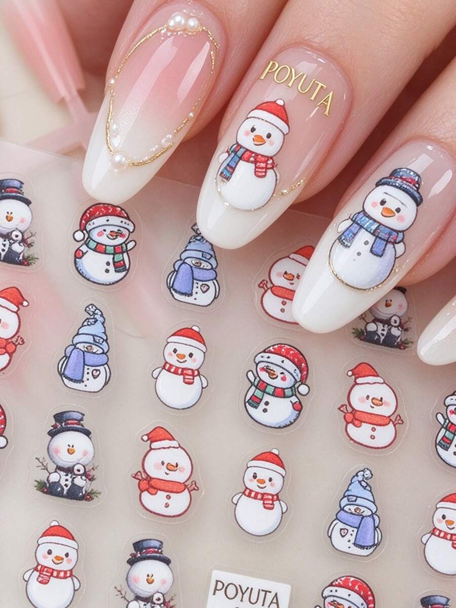 1pc Cute Cartoon Snowman Nail Stickers, Christmas Theme, Shiny Surface, Asymmetrical Shape, Adorable Style, Suitable For Holiday Parties