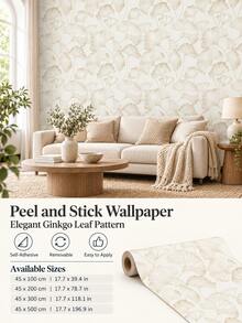 1 Rolls PVC Peel And Stick Wallpaper, Removable Waterproof Self-Adhesive Wall Covering, Beige Ginkgo Leaf Pattern For Bedroom, Living Room, Home Office & Rental Decor, Contact Paper For Home Makeover, Decorative Wall Sticker - Wallpaper - View 2