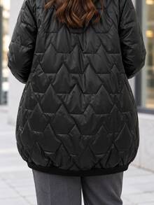 Plus Size Hooded Diamond Quilted Drawstring Waist Puffer Jacket - Black - View 6