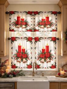 For Kitchen, Christmas Red Poinsettia Candles Gold Bells Window Valance And Short Curtains Kitchen Curtain Set, Digital Print - Multicolor - View 1