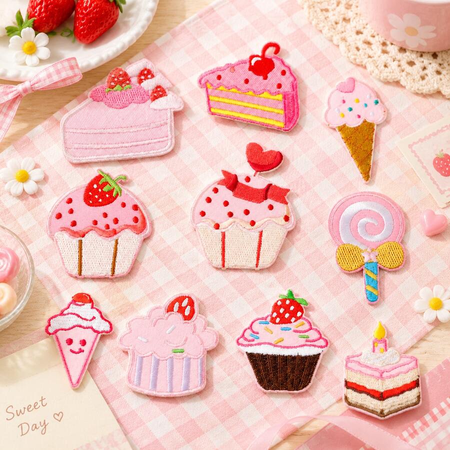 10pcs Pink Sweet Treats Embroidery Patches, Cupcake Lollipop Iron-On Appliques - Multicolor - View 1