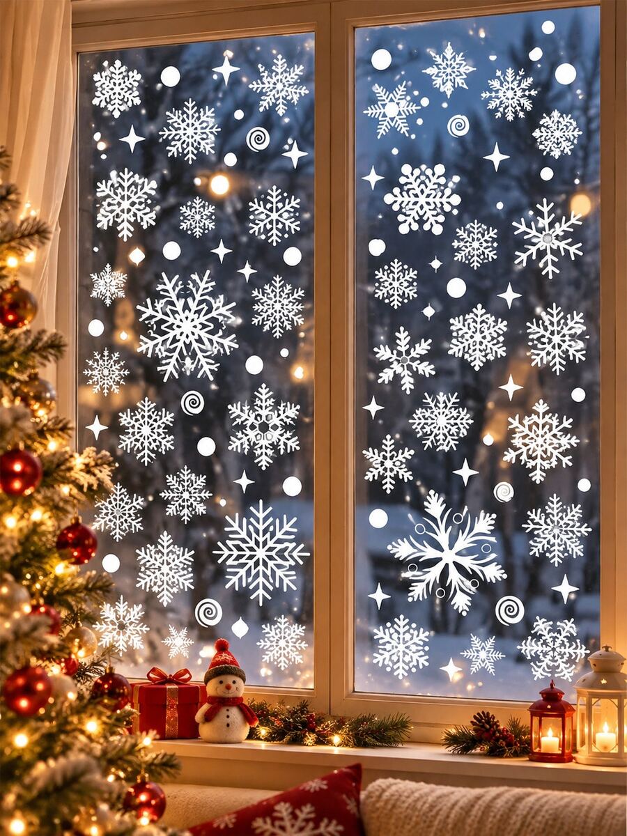 6/4/1sheet Christmas Snowflake Window Stickers, Static Cling Snowflake Decals, For Christmas Decoration, Christmas Window Stickers, Adhesive Decor, Christmas Snowflake Stickers Static Cling Window Decals, Suitable For Christmas Decorations, Window Decor Or Ornaments, Christmas Party Supplies, Thanksgiving Party Decor, Winter Door Background Decor, Glass Stickers, Snowflake Polka Dots, Window Decoration Decor Christmas Party Supplies, Winter Door Background Decor, Snowflake Dots, Snowflake Suitable For Glass Windows, Create Winter Wonderland Atmosphere, Create Ice And Snow Theme Party Scene, Christmas Decoration - Monochrome - View 1