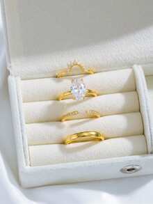 Elegant Oval Stackable Ring Set, Versatile Cubic Zirconia Women's Ring, Copper Jewelry, Suitable For Engagement, Valentine's Day And Daily Decoration - Gold - View 7