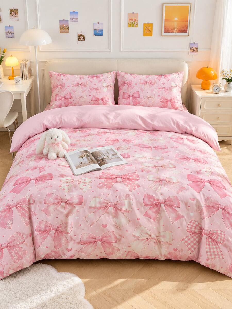 3pcs Bowknot Pattern Duvet Cover Set (1 Duvet Cover + 2 Pillowcases, No Inserts), Sweet Style, Cute Modern, Healing Cute, All Season Use, Digital Print, Polyester Bedding, Soft & Breathable, Machine Washable, Ideal For Home Or Dorm - Multicolor - View 1
