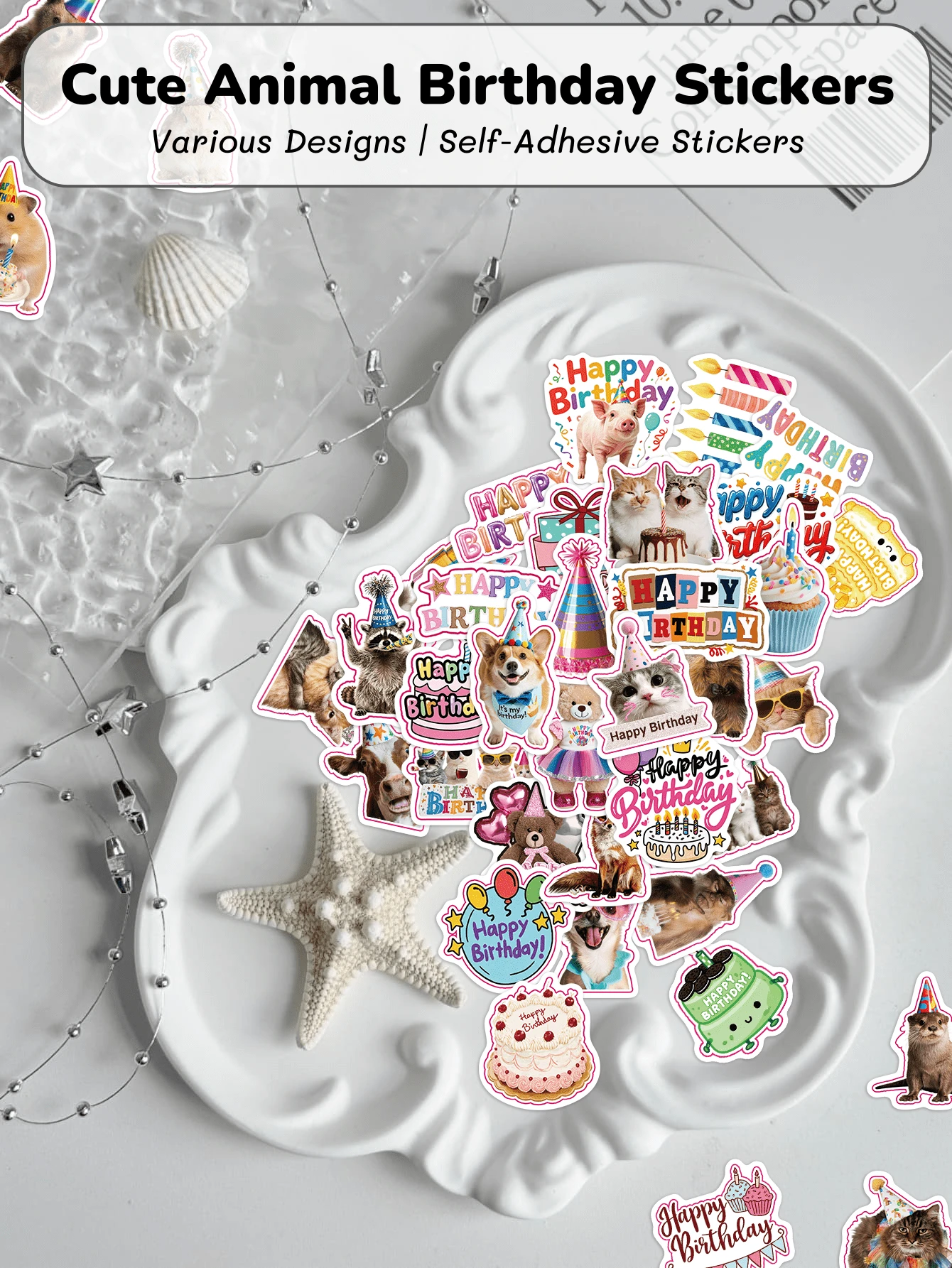 50Pcs Cute Animal Birthday Vinyl Stickers, Cartoon Pets With Party Hats ...