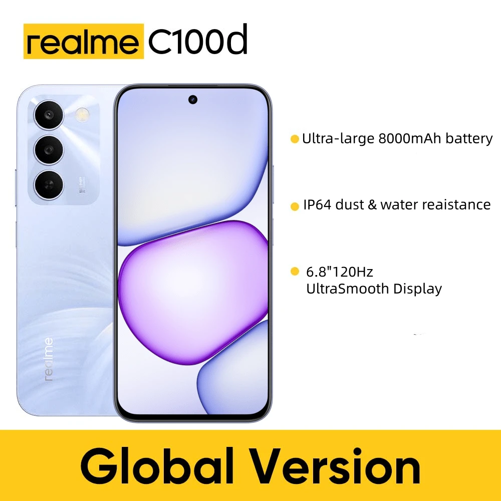 Realme C100d 4G 解鎖手機 4GB+128GB 智慧型手機,全球版,解鎖,6.8 吋 LCD 120Hz 螢幕,50MP AI 三鏡頭相機,8000mAh 電池,45W 快充,10W 反向充電,48 個月流暢性能,IP64,不含適配器 - Blooming Purple - 查看 1