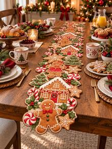 1PC Christmas Gingerbread Table Runner, Festive Gingerbread Man, Candy Cane, Peppermint And Gingerbread House Print With Irregular Edges, Xmas Dining Table Decor - B - View 4