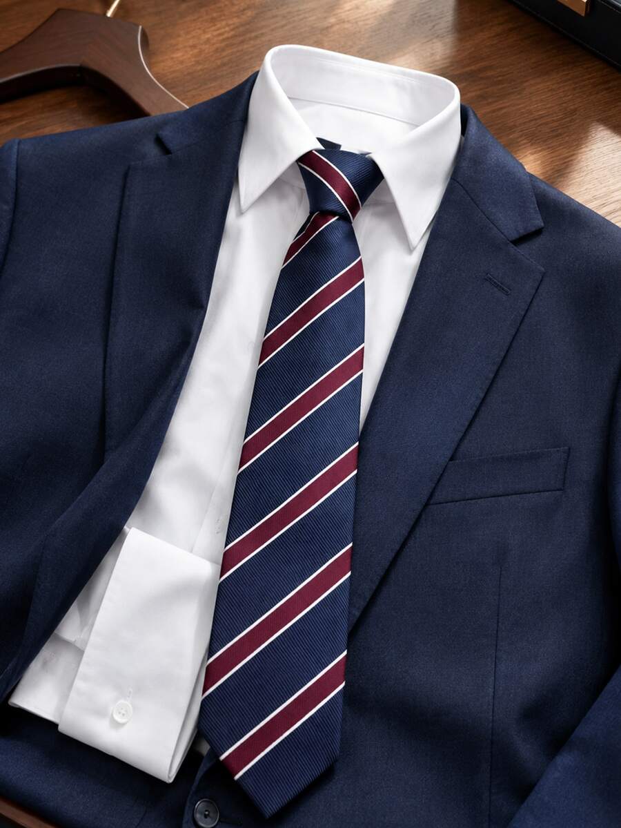 A Yarn-Dyed High-Density Navy Blue Base Burgundy Twill Business Tie, Unisex - Navy Blue and Burgundy Stripes - View 1