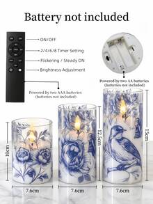 1/2/3件組 無火 LED 柱狀蠟燭，逼真 3D 閃爍效果，附遙控器與定時功能，電池供電，適用於居家、婚禮桌面裝飾、聖誕裝飾、壁爐架裝飾（花卉與鳥類圖案） - 透明 - 查看 7