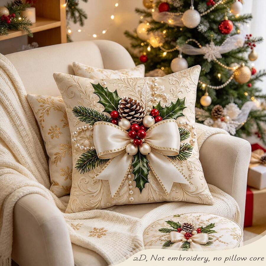 1 vỏ gối in quả thông quả mọng ngọc trai Giáng Sinh kèm nơ đỏ, phong cách lễ hội, vải polyester, cho phòng ngủ, sofa, văn phòng - Nhiều màu - Xem 1