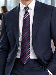 A Yarn-Dyed High-Density Navy Blue Base Burgundy Twill Business Tie, Unisex - Navy Blue and Burgundy Stripes - View 2