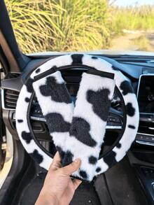 Cow Print Fluffy Car Steering Wheel Cover Set With Seat Belt Shoulder Pads, Winter Warm Soft Plush Universal 15 Inch Non-Slip Fuzzy Auto Interior Protector Accessories For Women Girls - Cow Print - View 4