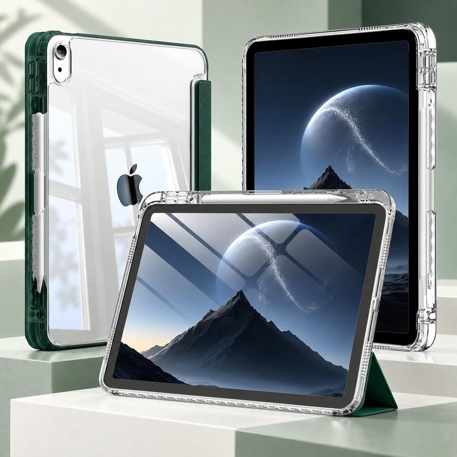 High Transparency Tri-Fold Tablet Protective Case, Compatible With IPad 11 (A16 2025 Model), Multi-Angle Stand, Acrylic Transparent Crystal Back Shell With Pen Slot, Supports Sleep/Wake Function; Compatible With IPad 10th Gen (2022 Model) 11 (A16) 2025 Model, Built-In Camera Lens Protector; Also Compatible With IPad 7th/8th/9th Gen (10.2 Inch), PU Leather Material, Dark Night Green - Dark Green - View 1