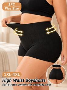 Bragas de mujer talla grande de cintura alta sin costuras acanaladas suaves de alta elasticidad y cobertura completa - Negro - Ver 1