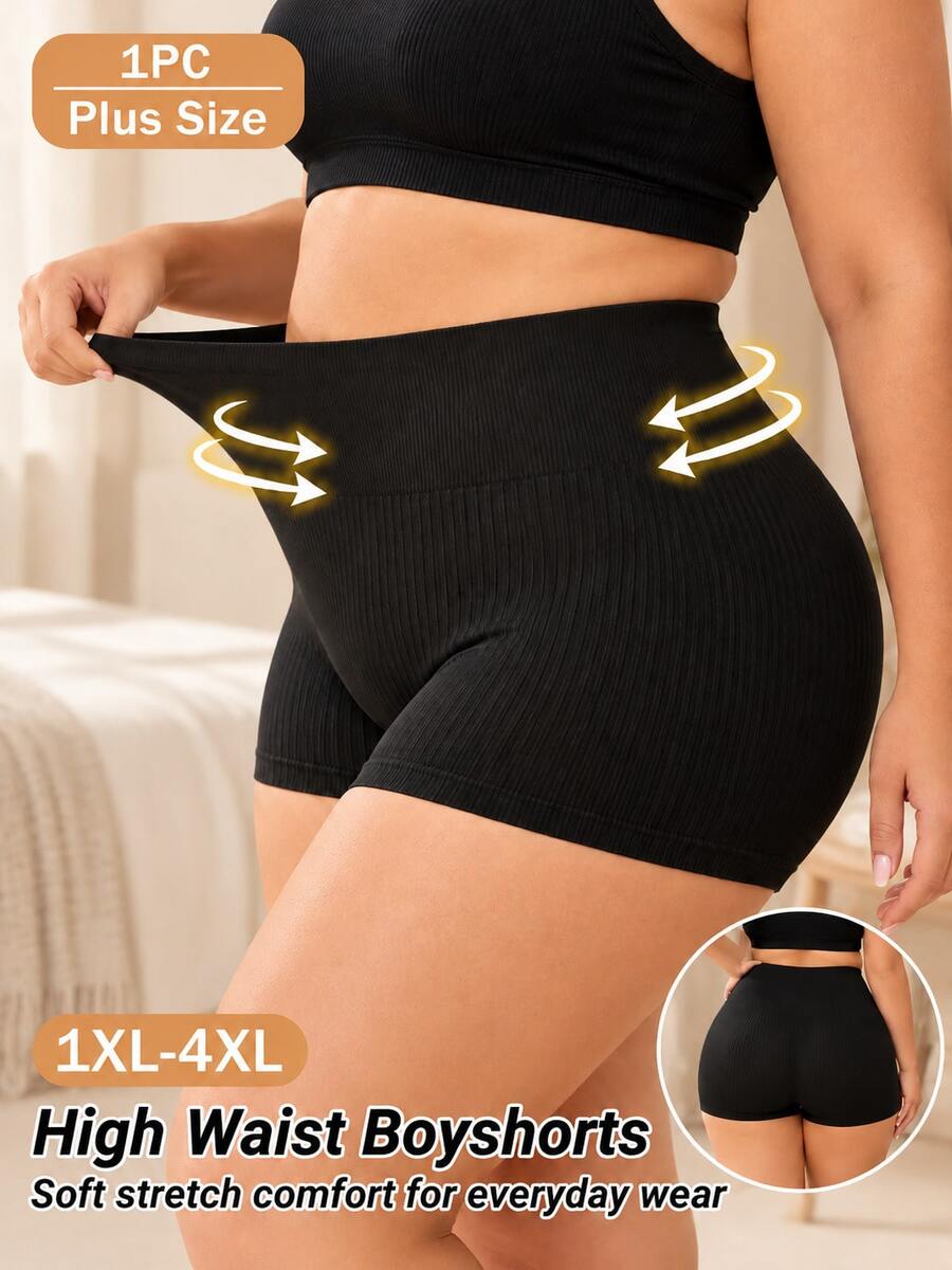 Bragas de mujer talla grande de cintura alta sin costuras acanaladas suaves de alta elasticidad y cobertura completa - Negro - Ver 1