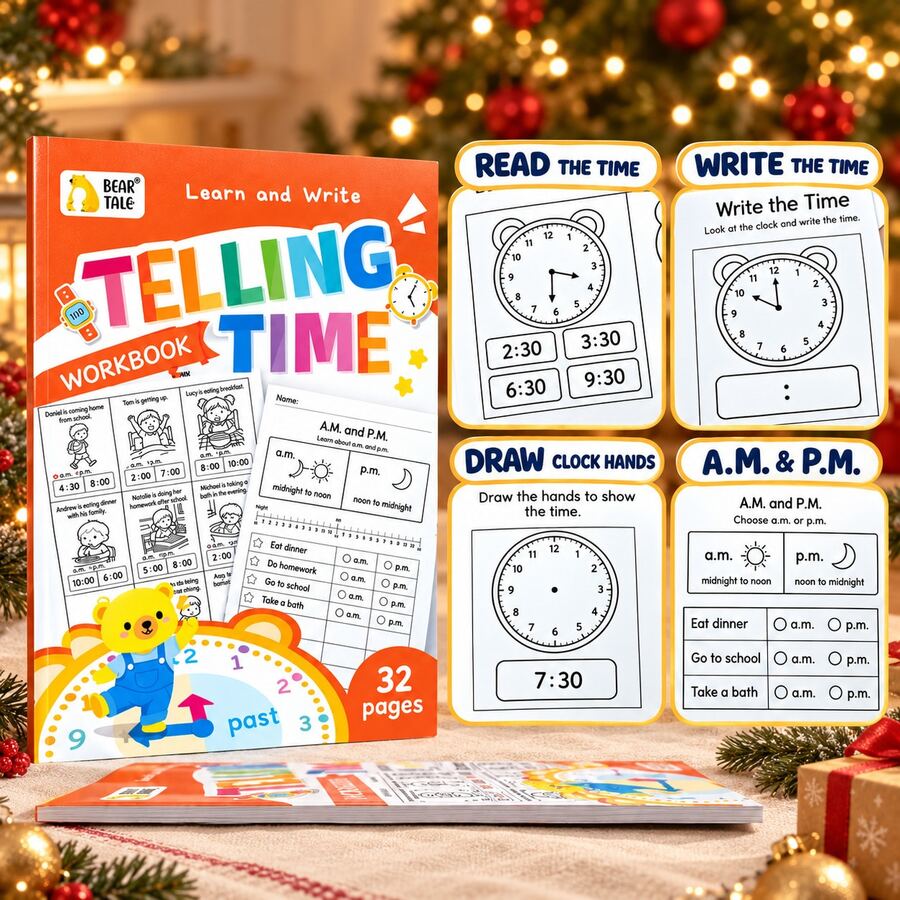 32-Page Children's Time-Telling Practice Book, Learn To Read Analog Clocks, Practice Writing And Drawing Clock Hands, AM And PM Daily Routine Exercises, Preschool Kindergarten Math Activity Book, Home Learning Educational Gift, Math Workbook, Christmas Gift, Learning Supplies, Educational Books, Educational Games