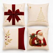 4pcs Red & Gold Vintage Christmas Pillow Covers, Double-Sided Print, Zipper Closure, Machine Washable, Cream Background With Red Ribbon, Gold Thread Christmas Tree, Red Foliage Pattern Design, Christmas Decorative Pillow Covers, Suitable For Various Occasions (Pillow Insert Not Included) - Multicolor - View 12