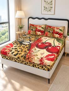 3pcs Retro Leopard Print Cherry Red Lip Printed Bedding Set, Including 1 Bedsheet And 2 Pillowcases (Without Padding), A Valentine's Day Gift For Friends, Perfect For Bedrooms, Dormitories, Guest Rooms, And Hotel Apartments - Multicolor - View 5