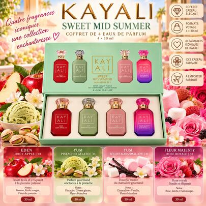 KAYALI SWEET MID SUMMER Miniatur-Set 4 x 30ml Eau de Parfum, Parfüm-Geschenkset, 4 Gourmand-Düfte