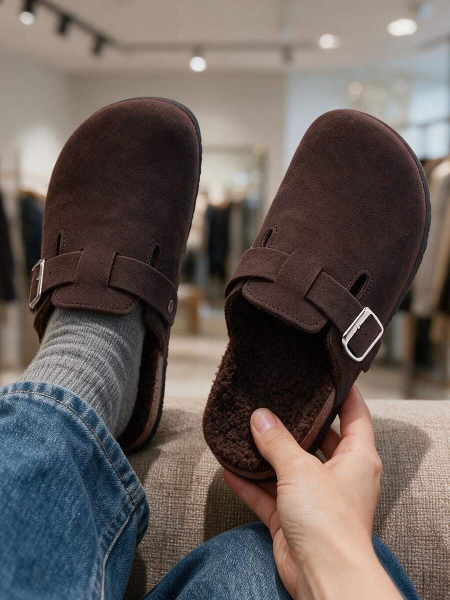 Dép lê nữ dáng rộng casual màu trơn bằng da lộn, khóa cài, đế bệt, xỏ chân, mũi kín, form oversized phù hợp cho bàn chân rộng