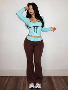 Minimalist Casual Sexy Y2K Contrast Color Bow Long Sleeve Top With Ruched Waist Design, Women's 2 Pieces Set, Suitable For Daily Commute, Date, Vacation, Party And Other Occasions - Mint Blue + Coffee - View 1