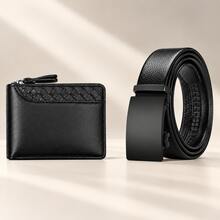 Men's Black Wallet And Belt Set, Business Casual Accessories, Automatic Buckle Belt, Daily Wear, Gift For Him - Black - View 5