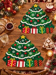 1pc Christmas Tree Shaped Linen Placemat, Country Print With Gift Box Snowflake Pattern Christmas Table Mat, Holiday Decor Placemat For Christmas Home Kitchen Tabletop Decoration - Multicolor - View 14