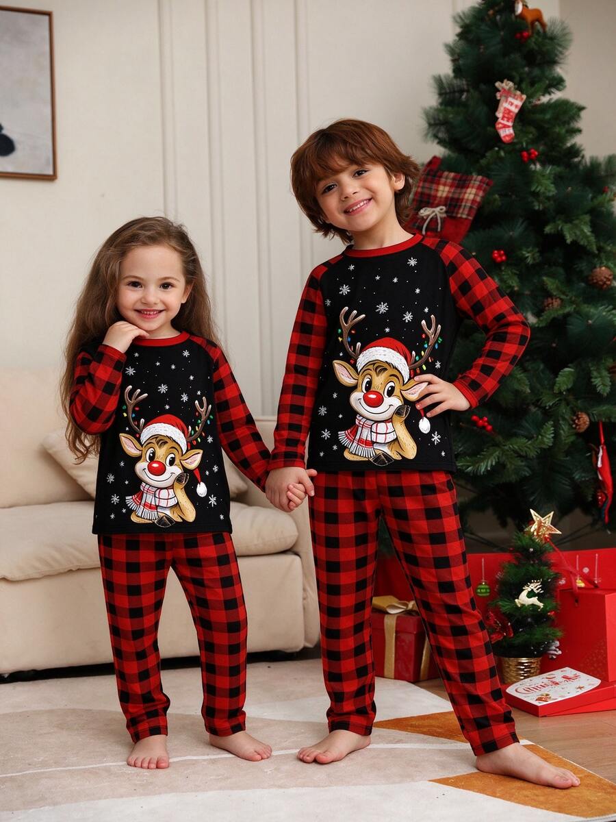 Christmas Theme Reindeer Print Pajama Set 2pcs Flame Retardant Fabric Raglan Sleeve Design Long Sleeve Top Plaid Pants Children's Holiday Loungewear Set Christmas Gift - Multicolor - View 1
