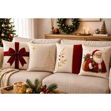 4pcs Red & Gold Vintage Christmas Pillow Covers, Double-Sided Print, Zipper Closure, Machine Washable, Cream Background With Red Ribbon, Gold Thread Christmas Tree, Red Foliage Pattern Design, Christmas Decorative Pillow Covers, Suitable For Various Occasions (Pillow Insert Not Included) - Multicolor - View 9