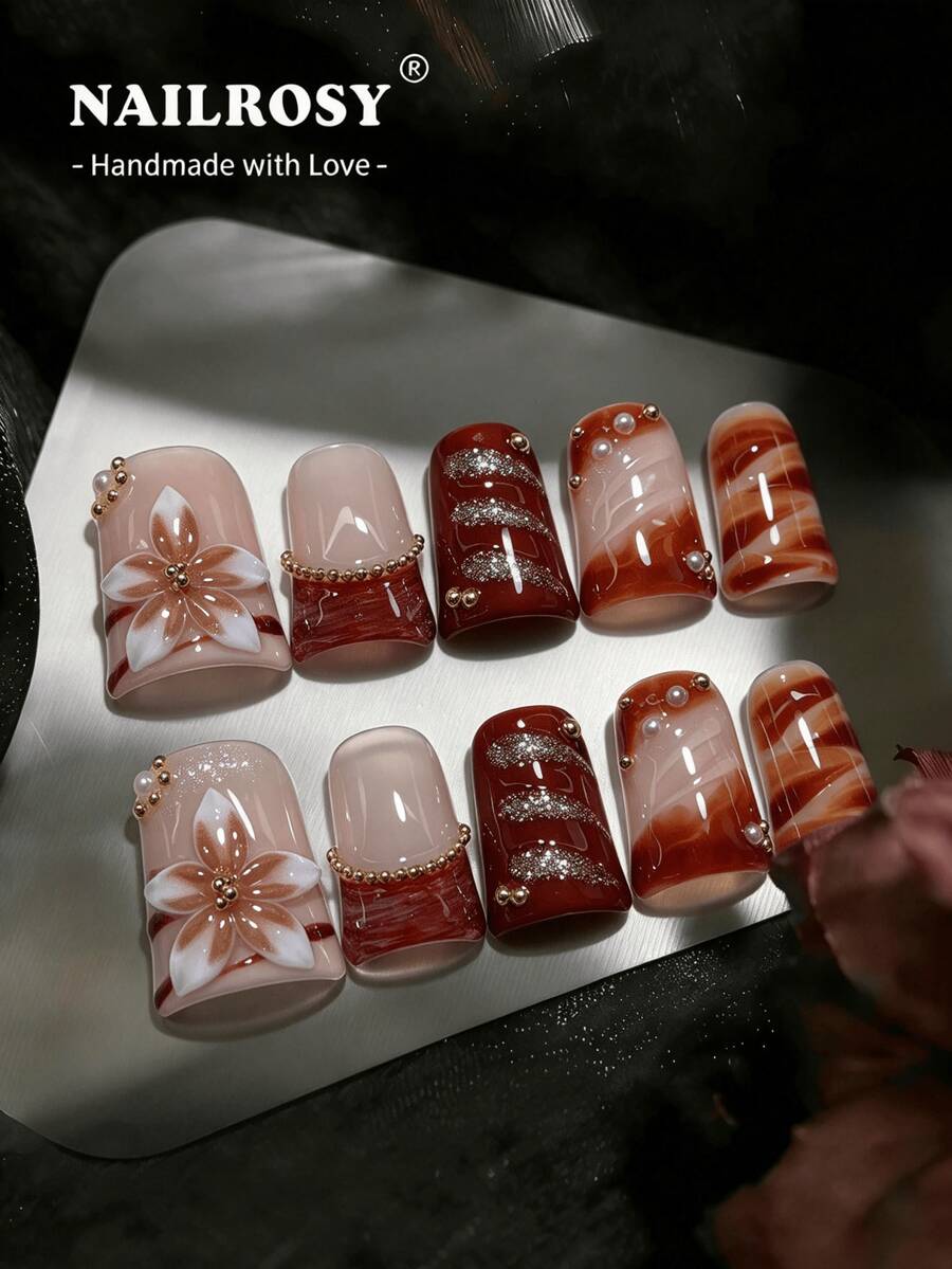 nailrosy 秋季氛圍 10片裝粉色手工多巴胺穿戴式假指甲 3D Y2K 方形 Bill 風格 短鴨嘴甲 哥德風金色可重複使用 鑲鑽閃亮彩色法式邊