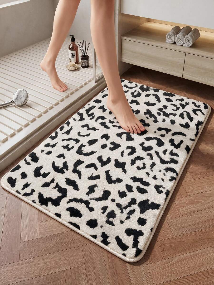 1件裝黑白豹紋浴室地墊，柔軟短毛絨2D印花防滑底背滌綸地毯 1000g/㎡.M，適用客廳臥室浴室廁所地板，溫馨居家裝飾小尺寸室內裝飾地毯 - 黑白豹紋 - 查看 1