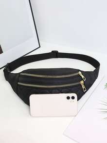 Multi-Layer Zipper Women's Quilted Waist Bag, Waterproof One Shoulder Crossbody Bag - Black - View 3