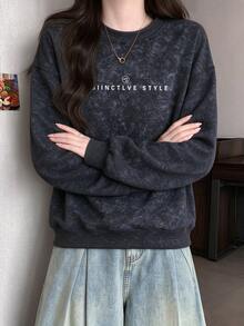 Women's Fashion Tie-Dye Sweatshirt, Autumn/Winter New Loose Oversized Slouchy Crew Neck Pullover Letter Top - Black Tie-dye - View 3