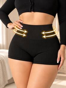 Bragas de mujer talla grande de cintura alta sin costuras acanaladas suaves de alta elasticidad y cobertura completa - Negro - Ver 5