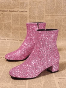 Women's Side Zipper Square Toe Chunky Heel Sequin Classic Boots, Charming Party Shiny Ankle Boots - Pink - View 5