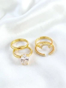Elegant Oval Stackable Ring Set, Versatile Cubic Zirconia Women's Ring, Copper Jewelry, Suitable For Engagement, Valentine's Day And Daily Decoration - Gold - View 4