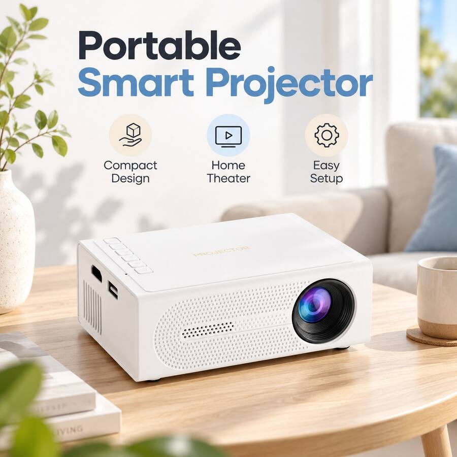 Portable Mini Projector, Smartphone Screen Mirroring Video Projector For Home Theater, Movies, Presentations, Compatible With Smartphones, TV Box, Laptop And USB Devices, Compact Multimedia Projector For Indoor Entertainment - White - View 1