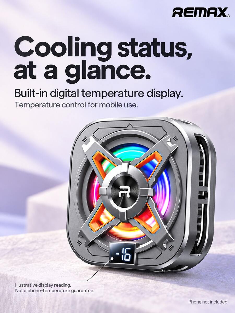 REMAX RT-F15 Magnetic Phone Cooler, TEC Semiconductor Cooling, Digital Temperature Display, Quiet High-Speed Fan, Detachable Clip, USB-C Powered, Red Blue Green Lighting, Compatible With Iphone, Android Phones And Tablets, Gaming And Live Streaming