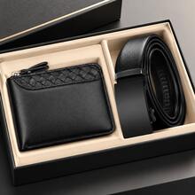 Men's Black Wallet And Belt Set, Business Casual Accessories, Automatic Buckle Belt, Daily Wear, Gift For Him - Black - View 1