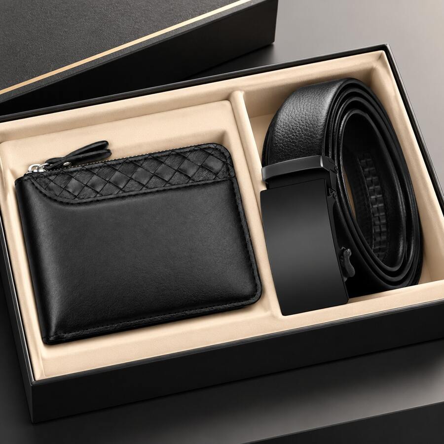 Men's Black Wallet And Belt Set, Business Casual Accessories, Automatic Buckle Belt, Daily Wear, Gift For Him - Black - View 1