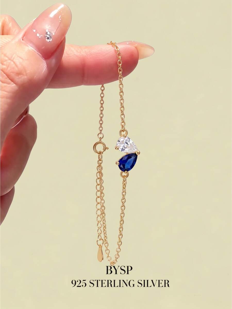 S925 Sterling Silver 18K Gold Plated Water Drop Blue & White Zirconia ...