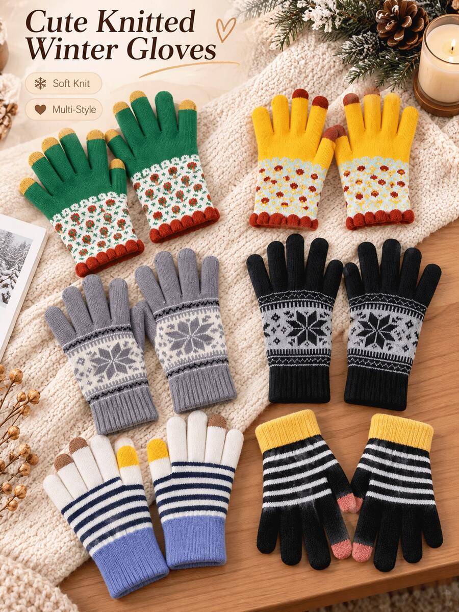1Pair Aesthetic Knit Gloves Provide Excellent Warmth Lock Temperature Thickened Plush Lined Full Finger Mittens For Female Students Cute Floral Pattern Hand Cover Ideal For Winter School Commuting Cold Weather Gear Autumn Winter Accessories - Multiple Styles - View 1
